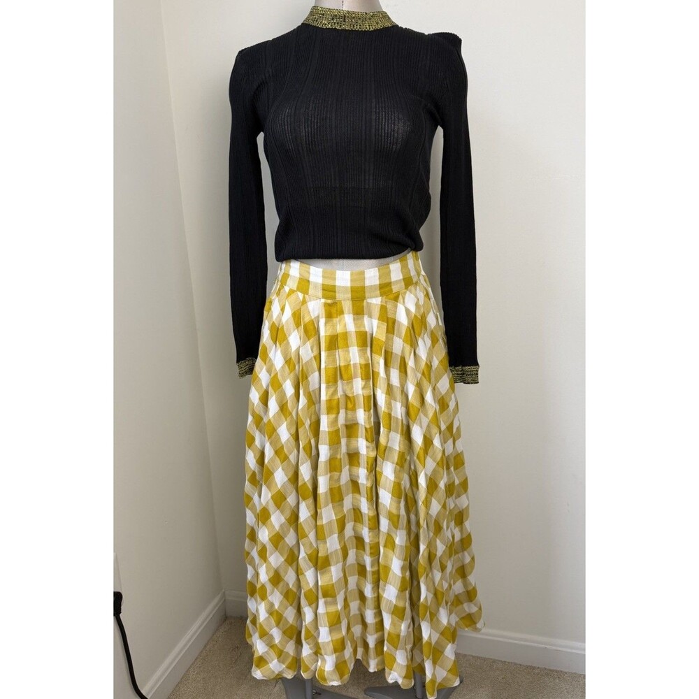 MABLE Plaid Gingham Skirt Flared Size Medium Checkered Picnic Yellow White - Picture 9 of 10